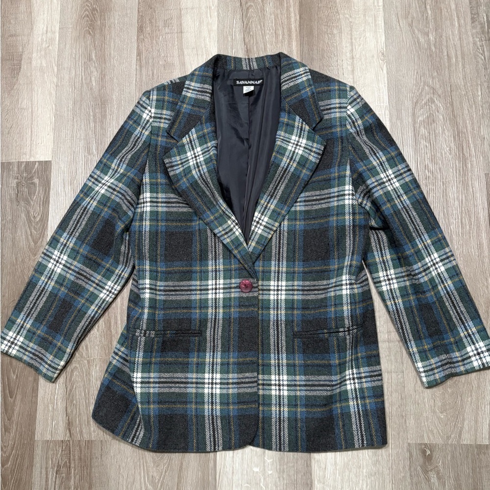 Savannah Women's Wool Blend Plaid Blazer - Blue, Green, and Gray
